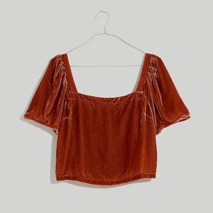 New Madewell Hopewell Puff-Sleeve Crop Top in Silk-Blend Velvet Size XS